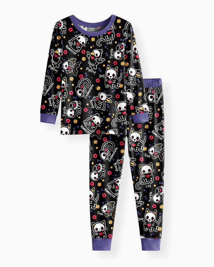 Kawaii Skeleton Pets Bamboo Two Piece Long Sleeve Pajama Set