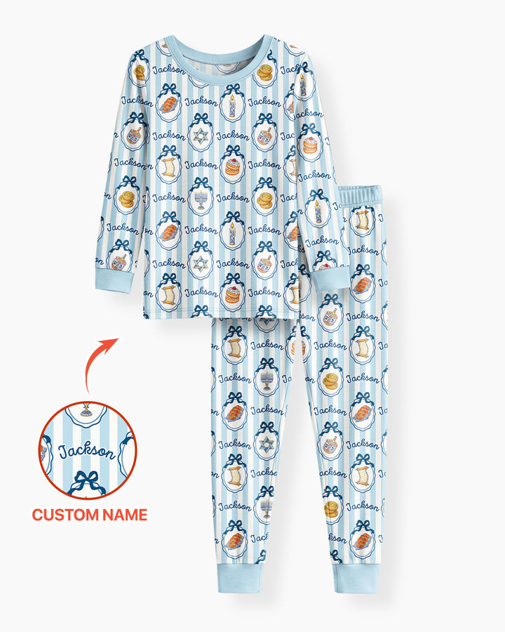Custom Name Hanukkah Striped Bamboo Two Piece Long Sleeve Pajama Set