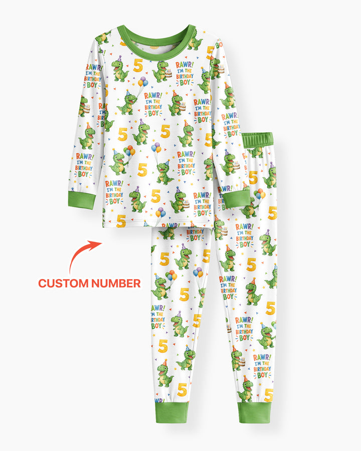 Personalized Dinosaur Birthday Boy Bamboo Two Piece Long Sleeve Pajama Set