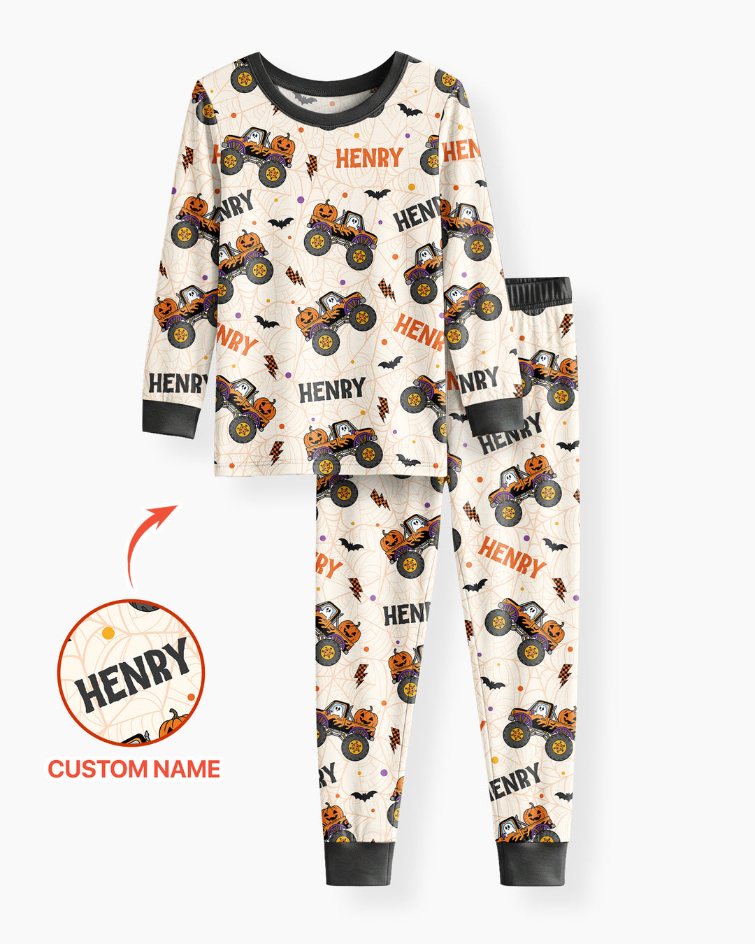 Custom Name Halloween Monster Truck Bamboo Two Piece Long Sleeve Pajama Set