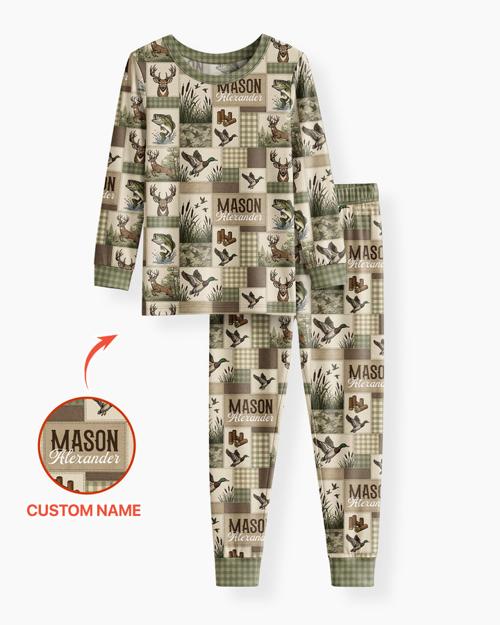 Personalized Hunting Patchwork Bamboo Two Piece Long Sleeve Pajama Set