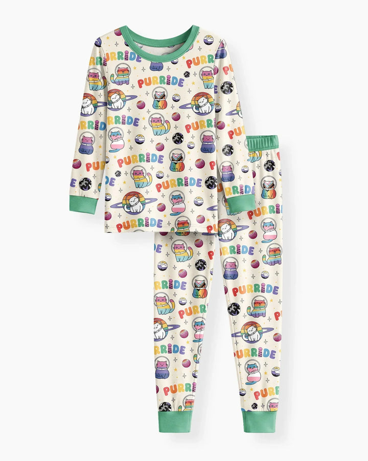 Rainbow Space Cats Family Matching Bamboo Two Piece Long Sleeve Pajama Set