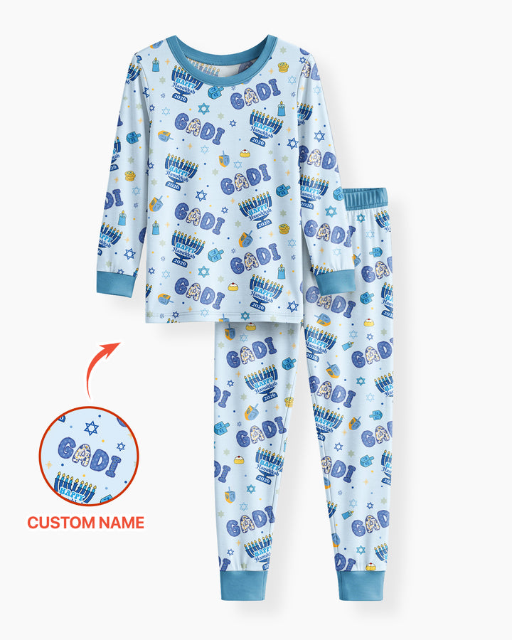 Custom name Happy Hanukkah 2026 Bamboo Two Piece Long Sleeve Pajama Set