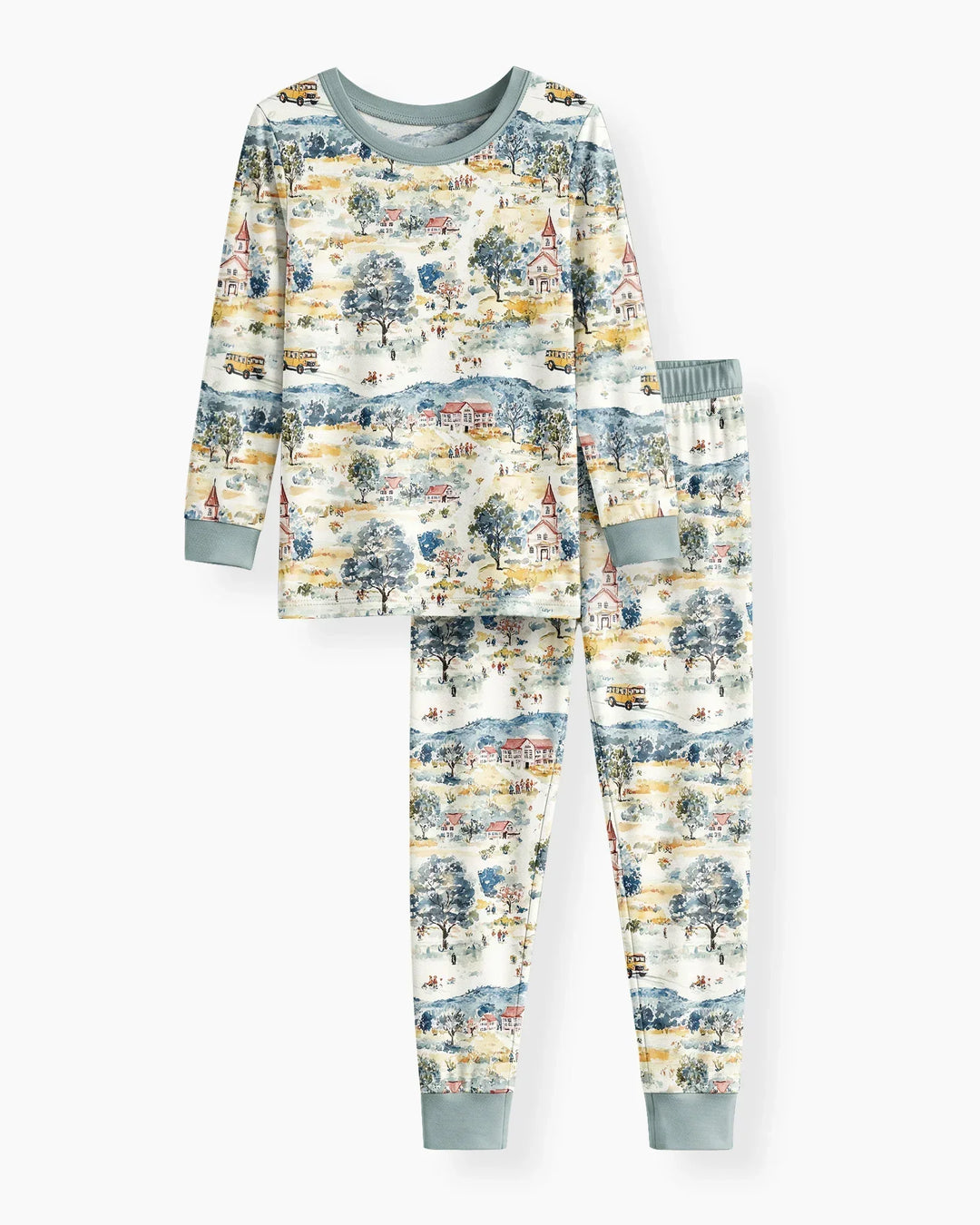 Whimsical Watercolor School Village Bamboo Two Piece Long Sleeve Pajama Set