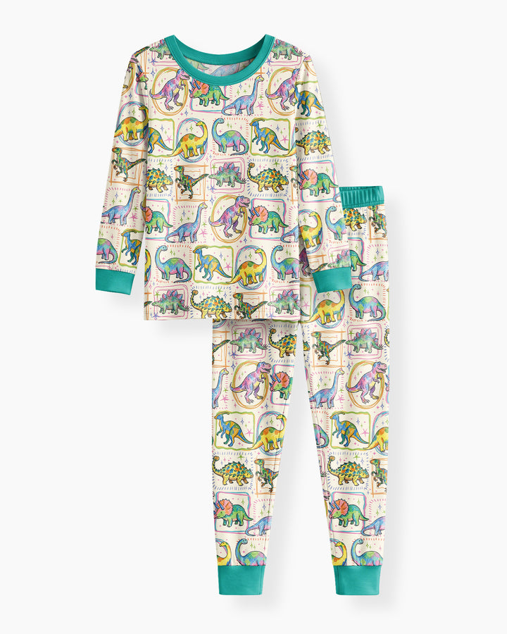 Colorful Dino Sketchbook Bamboo Two Piece Long Sleeve Pajama Set
