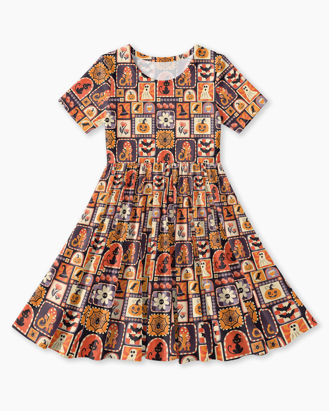 Retro Halloween Patchwork Icons Bamboo Twirl Dress