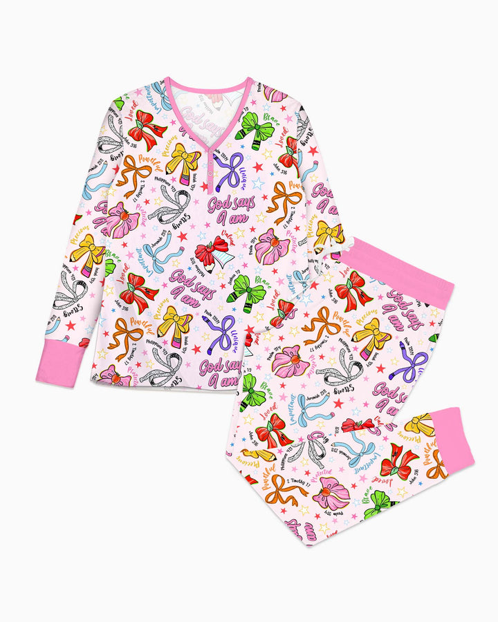 Pencil Bows God Says I Am Bamboo Women Pajama Set