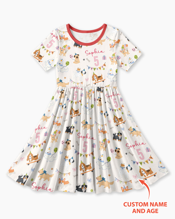 Custom Name Birthday Dogs Party Bamboo Twirl Dress