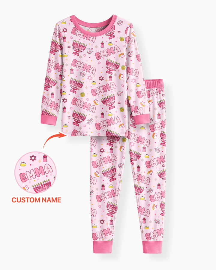 Custom name Happy Hanukkah 2026 Bamboo Two Piece Long Sleeve Pajama Set