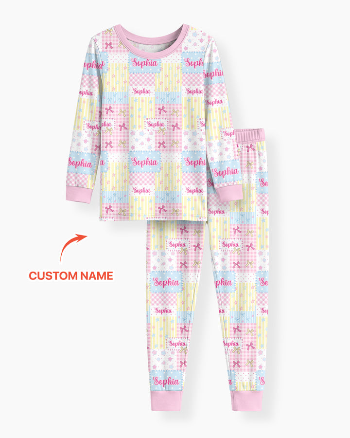 Custom Name Sweet Patchwork Bamboo Two Piece Long Sleeve Pajama Set
