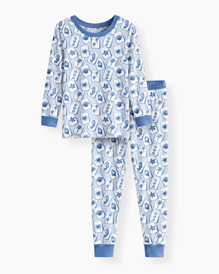 Coastal Mahjong Tiles Bamboo Two Piece Long Sleeve Pajama Set