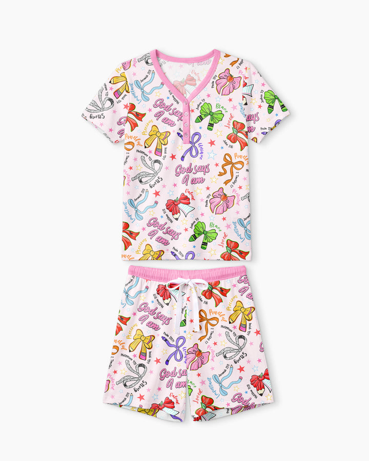 Pencil Bows God Says I Am Bamboo Women Short Sleeve Short Pajama Set