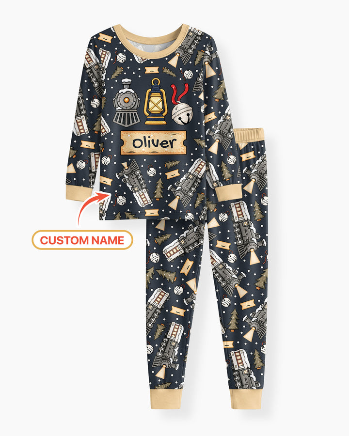 Custom Name Believe Kid Train Bamboo Two Piece Long Sleeve Pajama Set