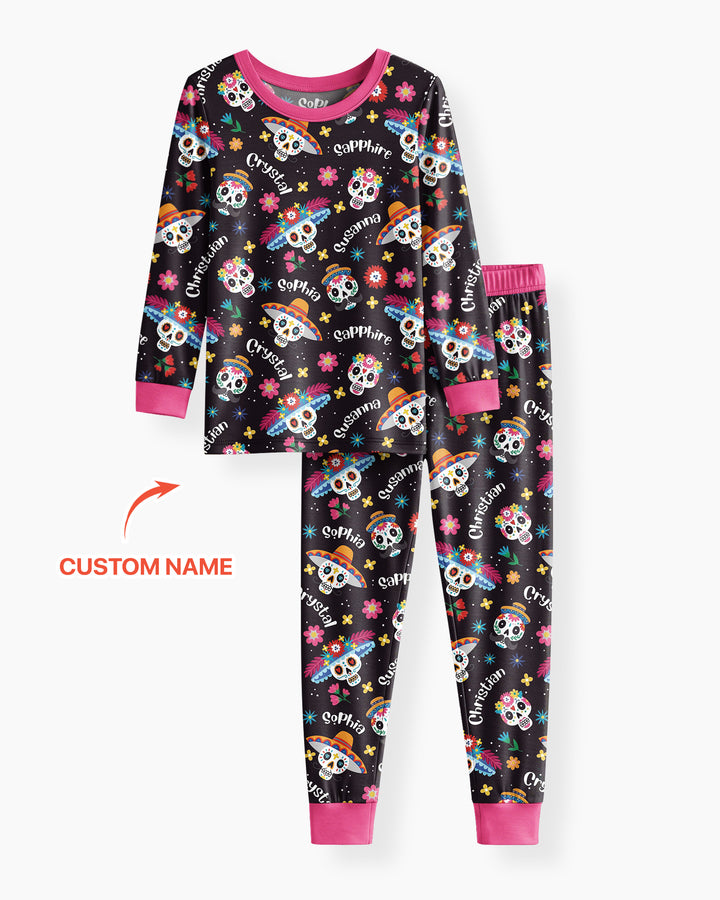 Custom Name Dia De Los Muertos Bamboo Two Piece Long Sleeve Pajama Set