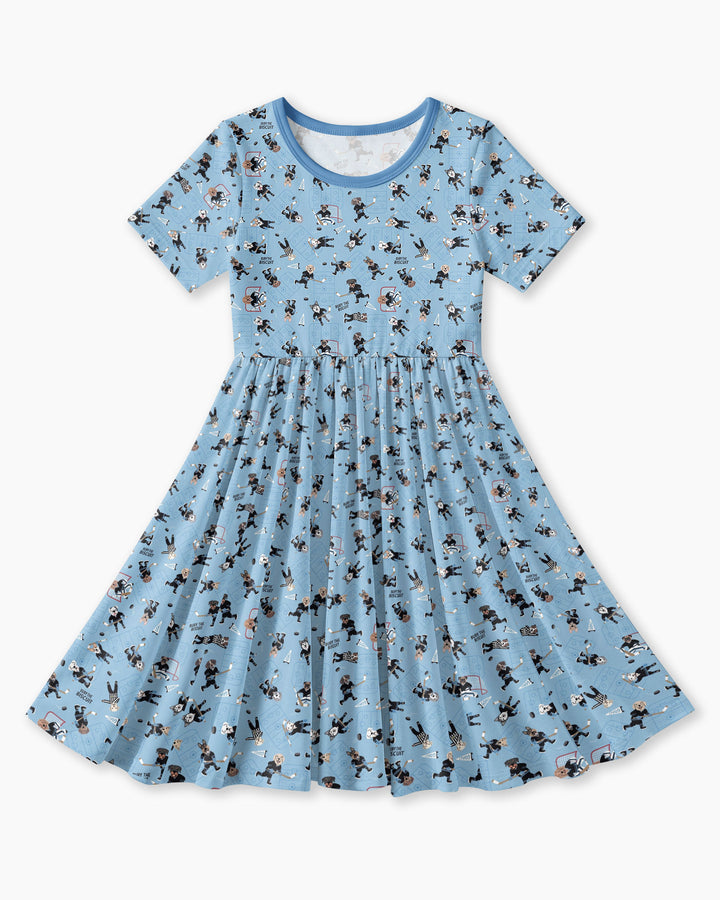 Hockey Dogs - Blue and Black Bamboo Twirl Dress