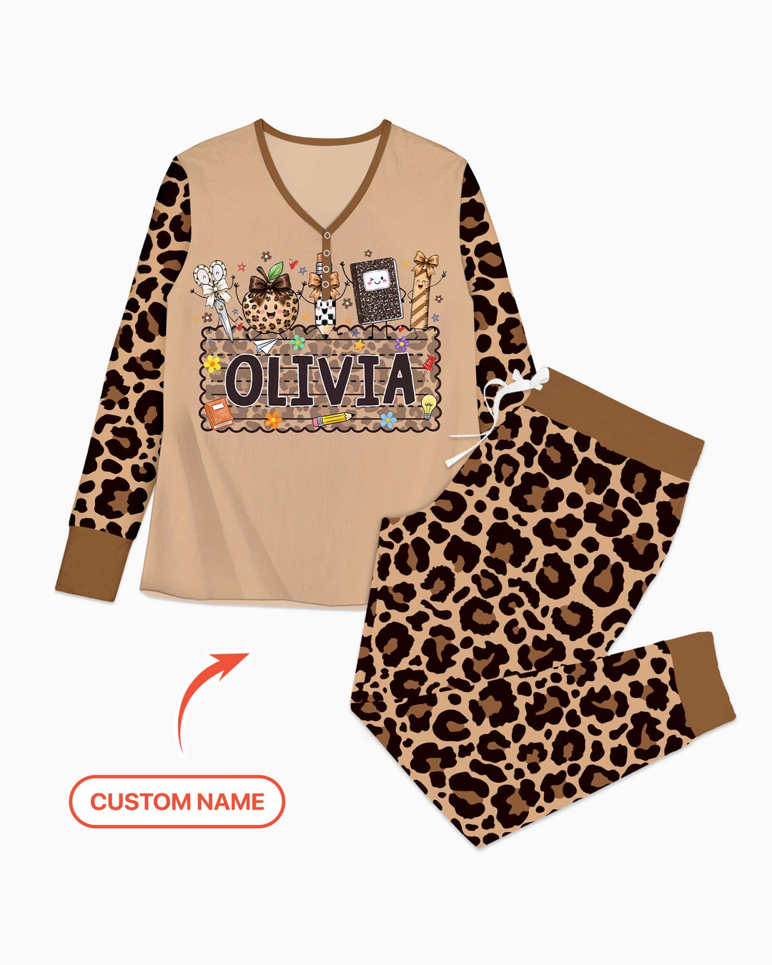 Custom Name School Sweetheart Leopard Bamboo Women Pajama Set