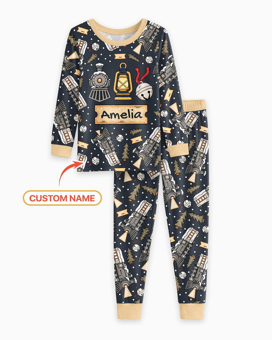 Custom Name Believe Kid Train Bamboo Two Piece Long Sleeve Pajama Set