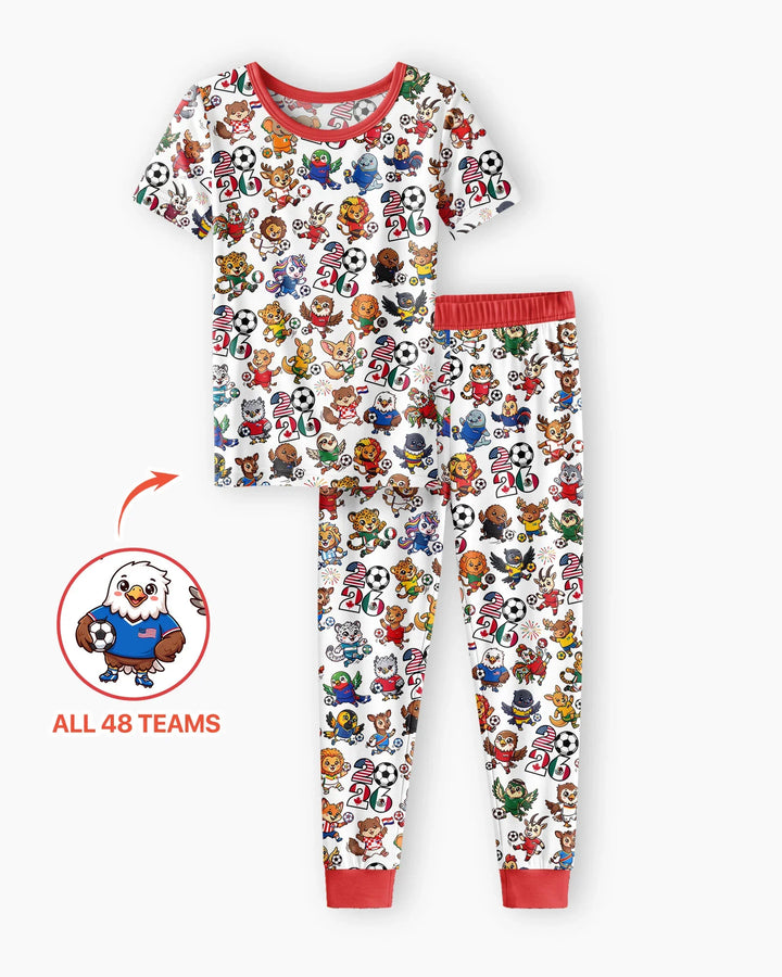 Kawaii Animals Soccer Tour 2026 Family Matching Bamboo Two Piece Short Sleeve Pajama Set
