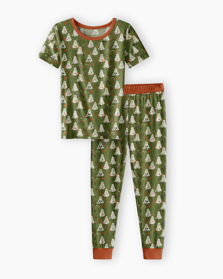 Cute Ghost Halloween Moss Green Floral Bamboo Two Piece Short Sleeve Pajama Set