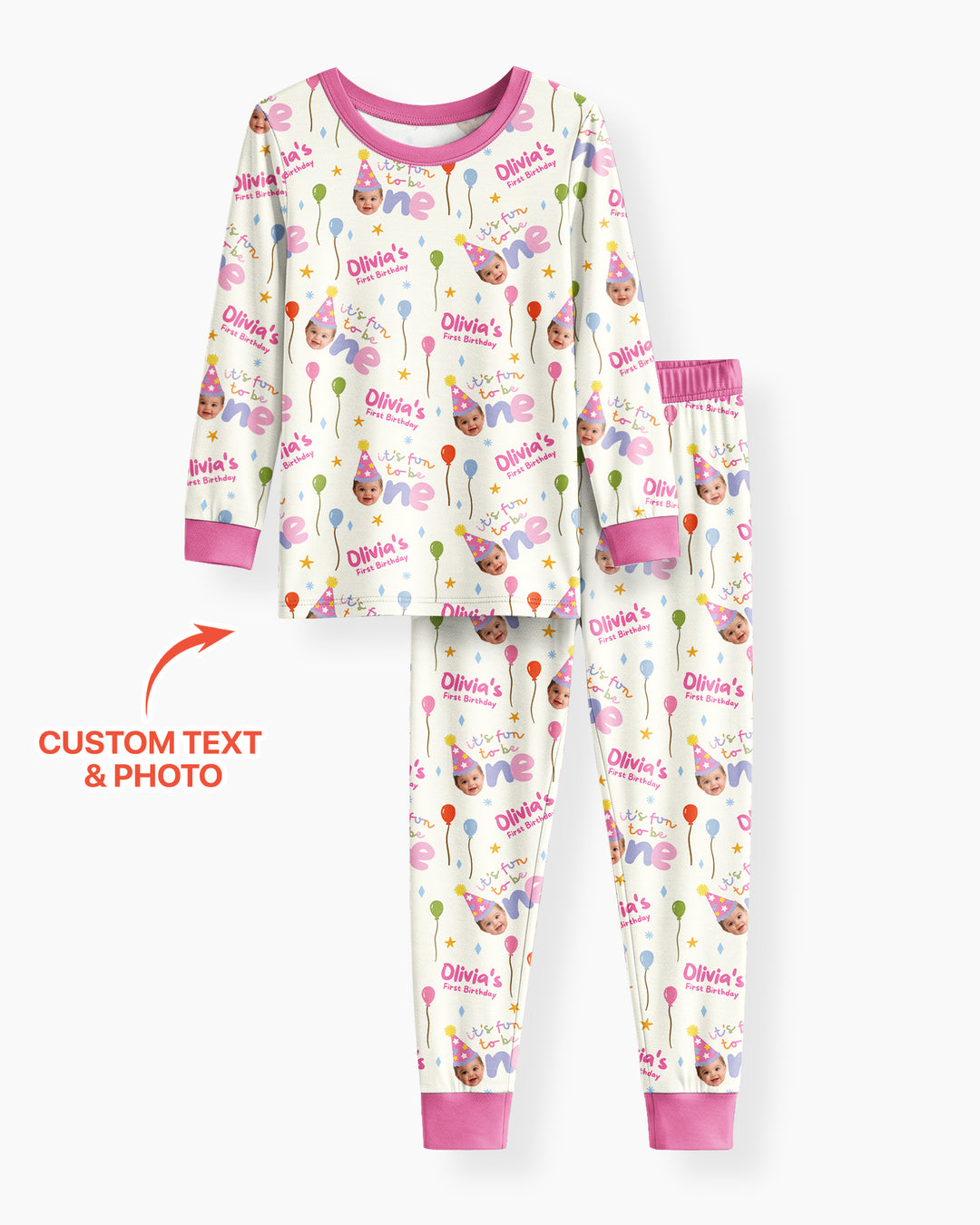 Custom Photo First Birthday Fun Bamboo Two Piece Long Sleeve Pajama Set
