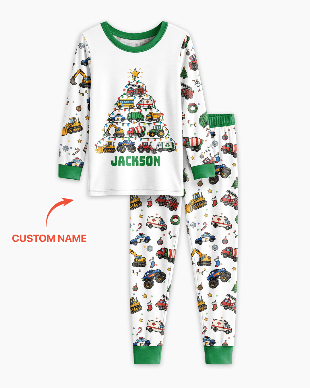 Custom Name Little Trucks Christmas Tree Bamboo Two Piece Long Sleeve Pajama Set