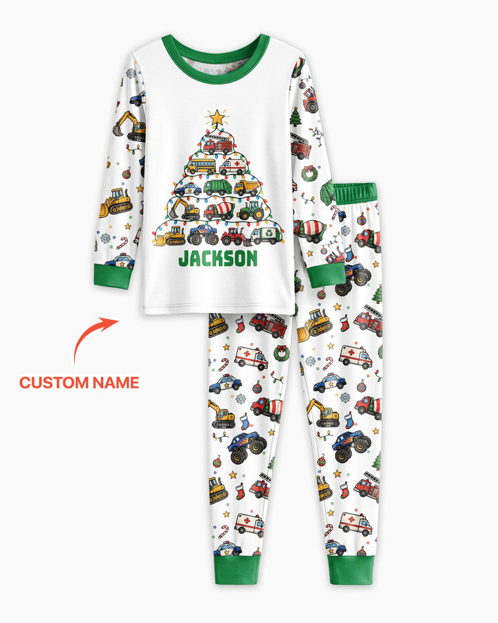 Custom Name Little Trucks Christmas Tree Bamboo Two Piece Long Sleeve Pajama Set
