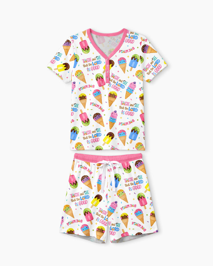 Jesus Summer Ice Cream Taste and See That The Lord Is Good Bamboo Women Short Sleeve Short Pajama Set