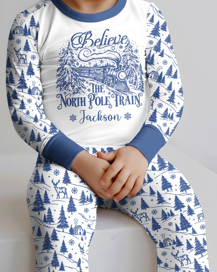 Custom Name North Pole Train Bamboo Two Piece Long Sleeve Pajama Set