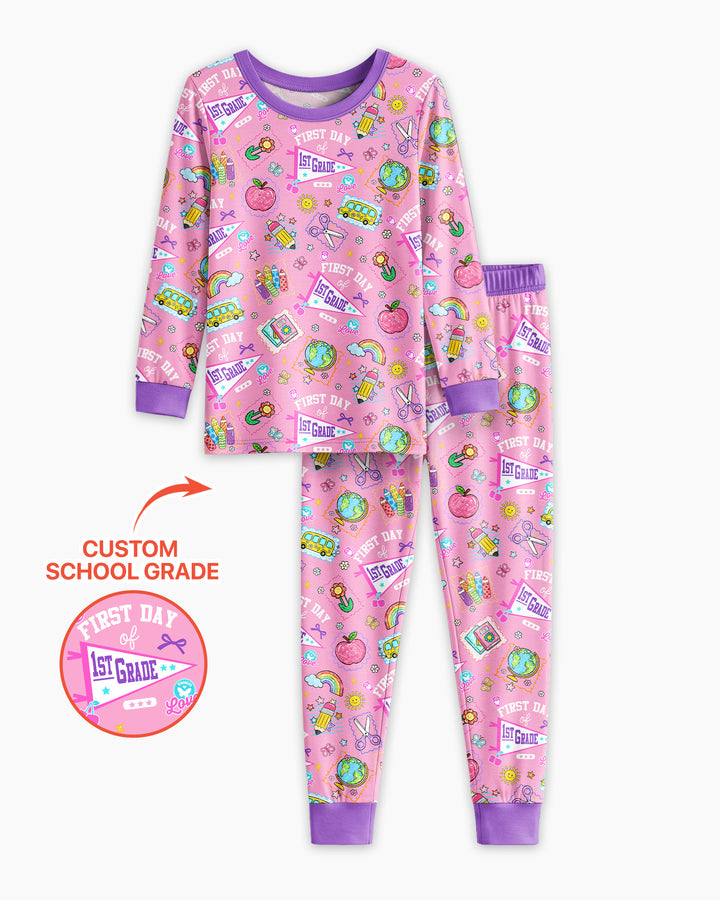 Custom Grade Girls School First Day Bamboo Two Piece Long Sleeve Pajama Set