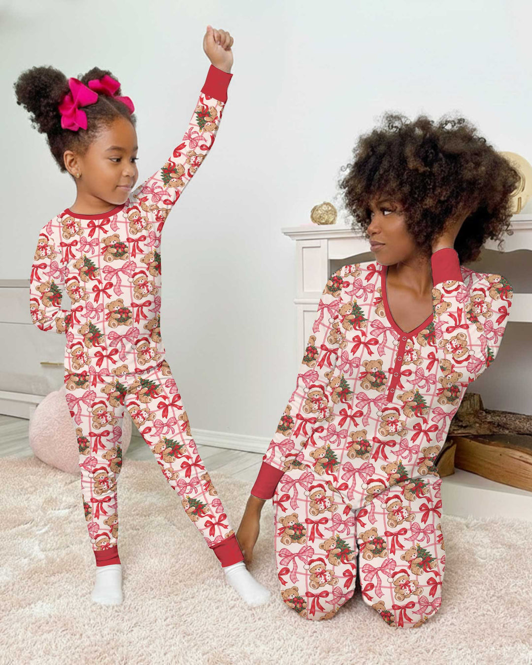 Pink Christmas Teddy Bear Plaid Mommy & Me Matching Bamboo Women Pajama Set