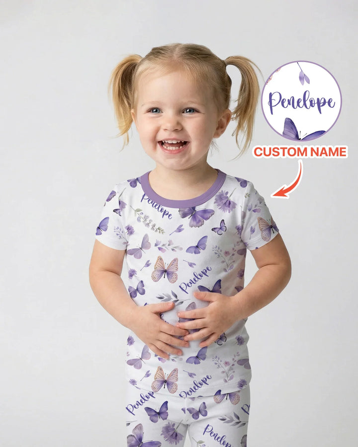 Custom Name Lilac Bloom Bamboo Two Piece Short Sleeve Pajama Set