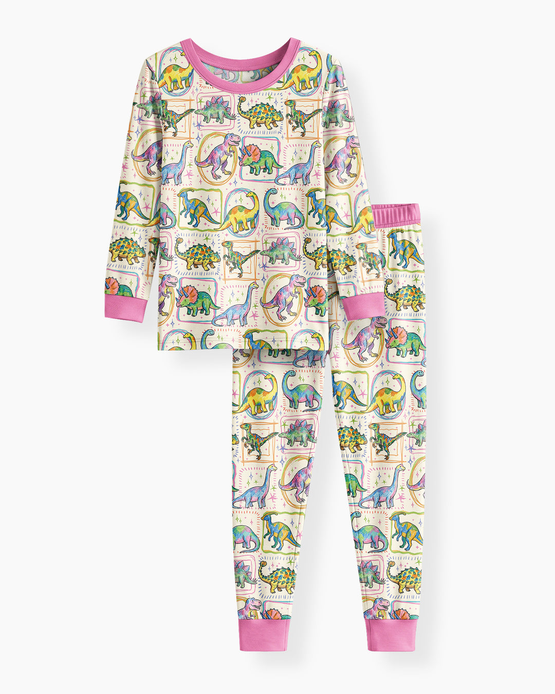 Colorful Dino Sketchbook Bamboo Two Piece Long Sleeve Pajama Set