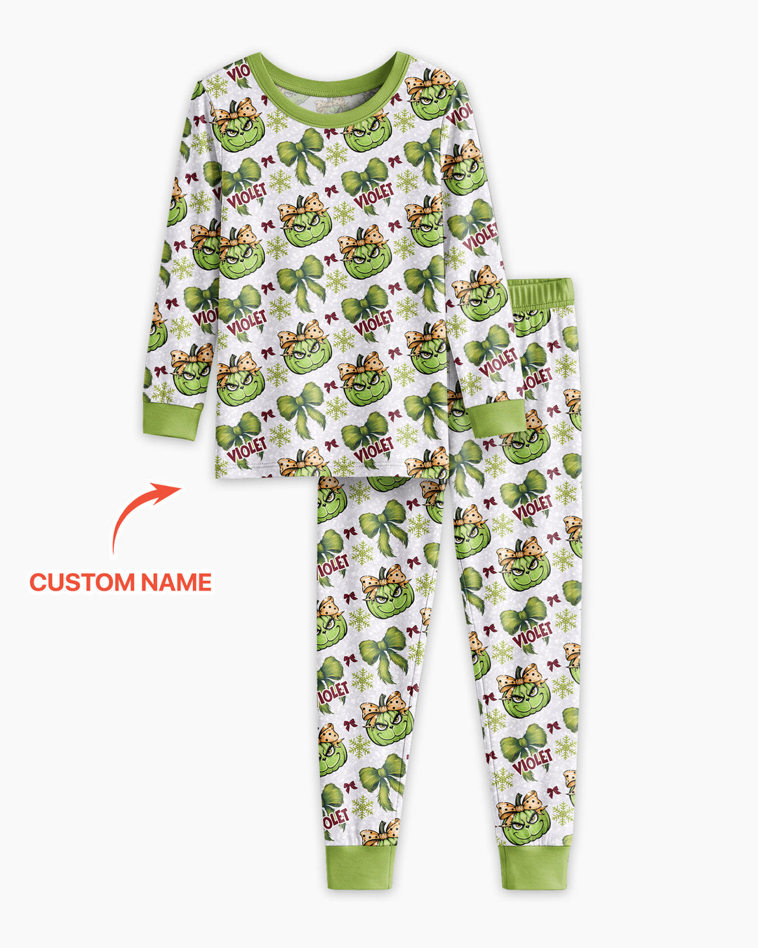 Custom Name Grumpy Green Christmas Bamboo Two Piece Long Sleeve Pajama Set