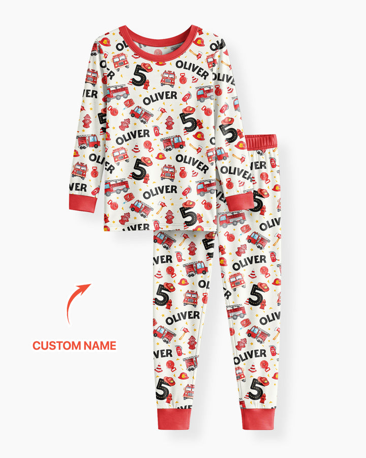 Custom Name Fire Truck Birthday Boy Bamboo Two Piece Long Sleeve Pajama Set
