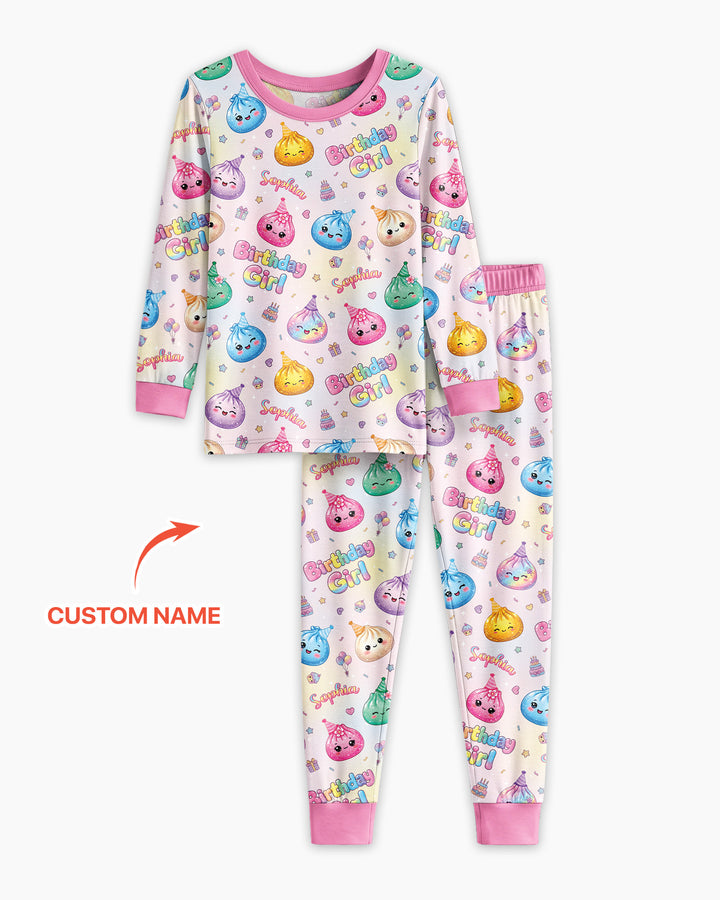 Custom Name Glitter Dumpling Birthday Girl Bamboo Two Piece Long Sleeve Pajama Set