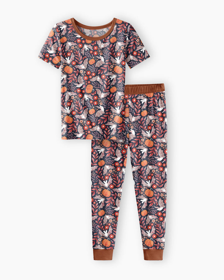 Bat Pumpkin Floral Halloween Bamboo Two Piece Short Sleeve Pajama Set