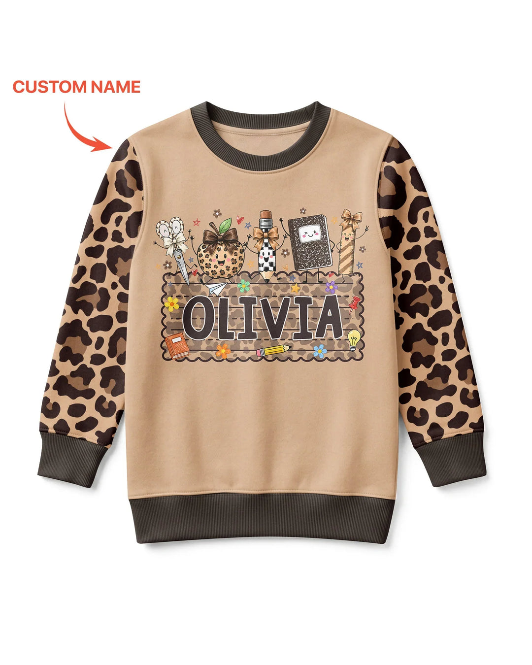Custom Name School Sweetheart Leopard Bamboo Crewneck Sweatshirt