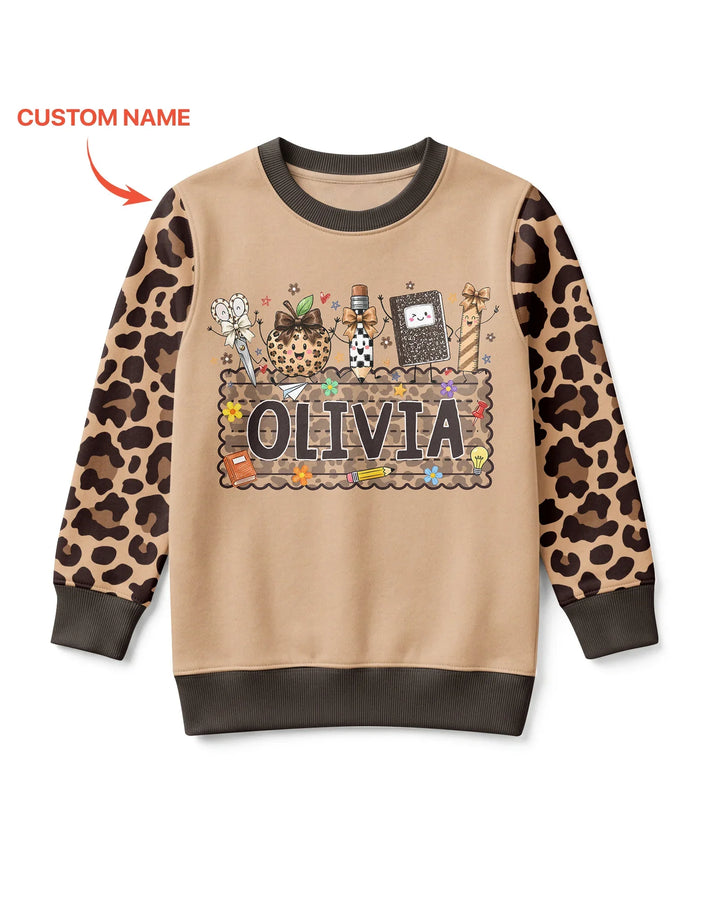 Custom Name School Sweetheart Leopard Bamboo Crewneck Sweatshirt