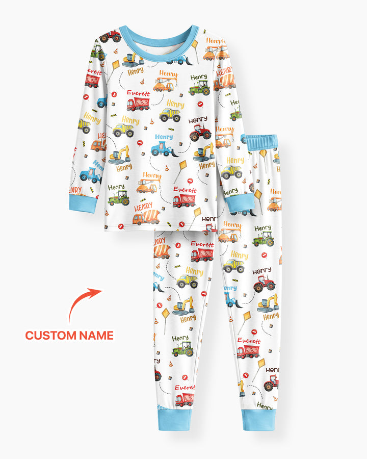 Construction Vehicles Custom Name Bamboo Two Piece Long Sleeve Pyjamas Set