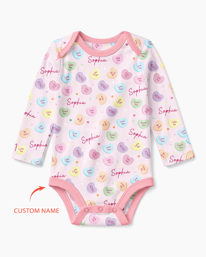 Custom Name Colorful Candy Hearts Family Matching Bamboo Bodysuit