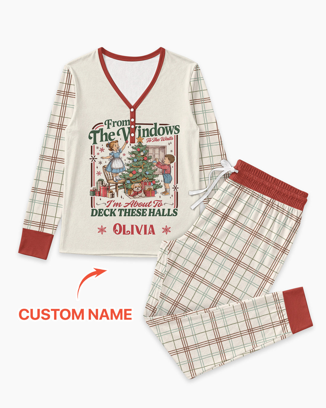 Custom Name Vintage Deck The Halls Bamboo Women Pajama Set