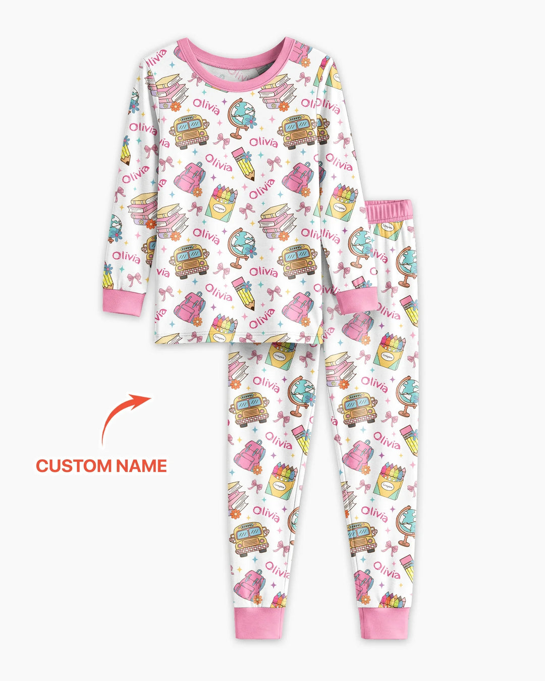 Custom Name Back To School Bamboo Two Piece Long Sleeve Pajama Set