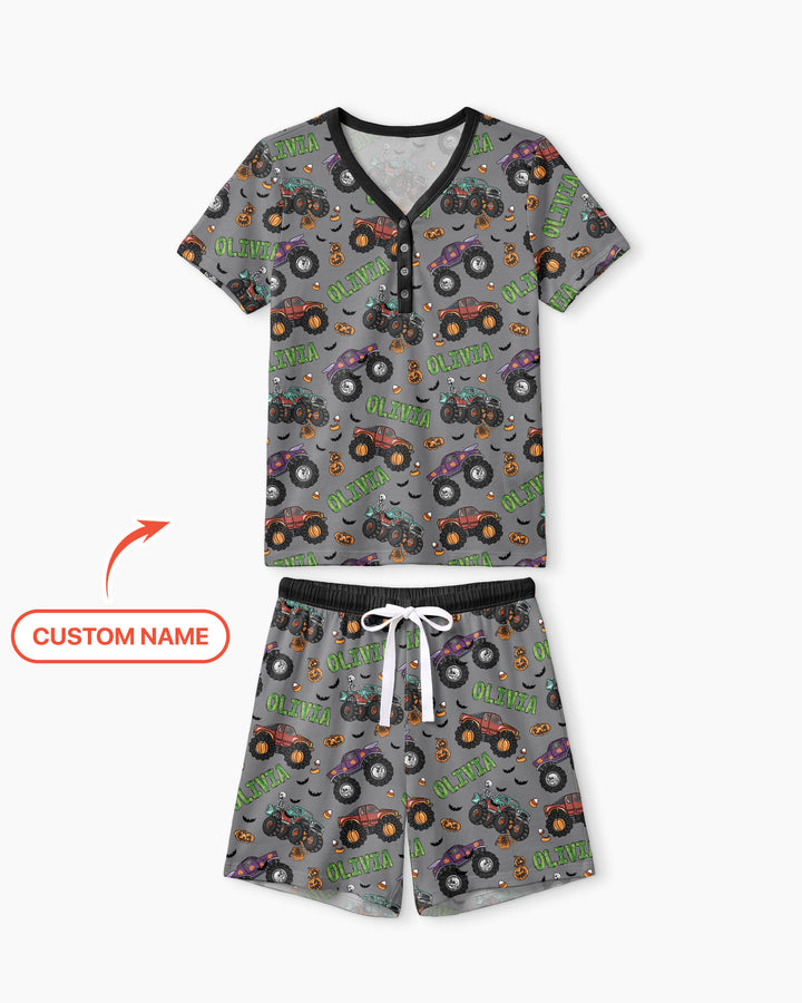 Custom Name Haunted Monster Trucks  Bamboo Women Short Sleeve Short Pajama Set