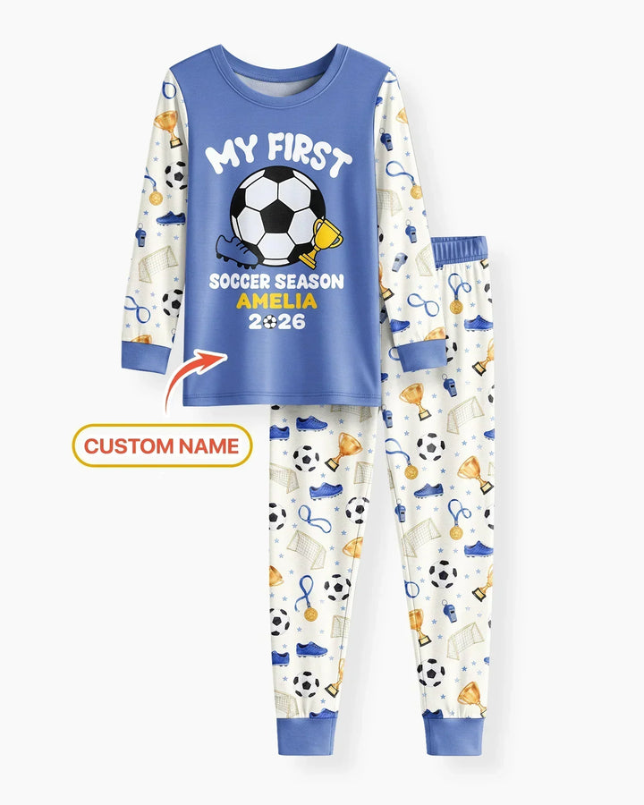 Custom Name My First Soccer Season Bamboo Two Piece Long Sleeve Pajama Set