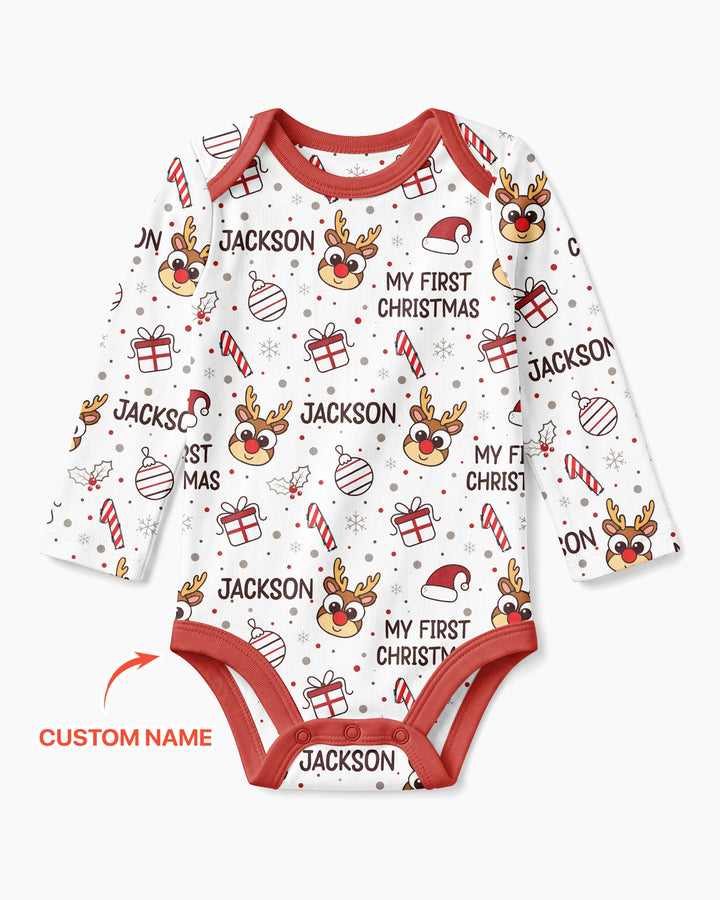 Custom Name Reindeer Doodle My First Christmas Bamboo Bodysuit
