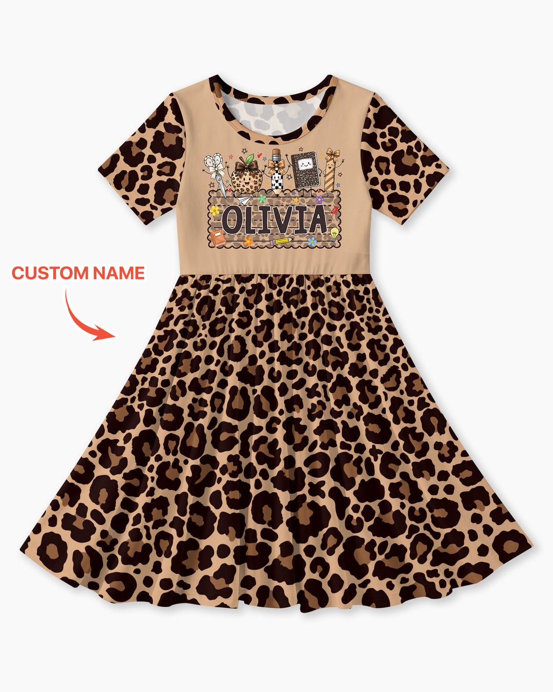 Custom Name School Sweetheart Leopard Bamboo Twirl Dress