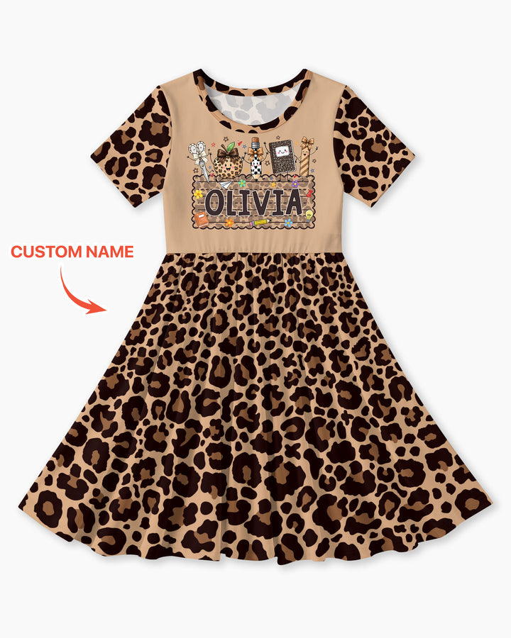 Custom Name School Sweetheart Leopard Bamboo Twirl Dress