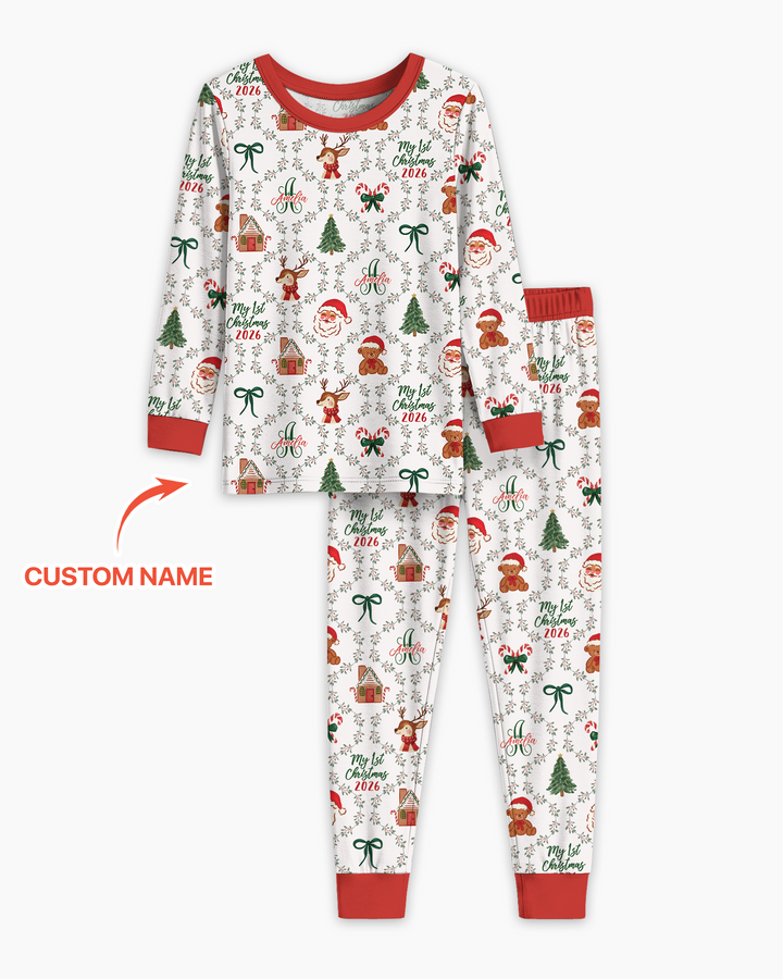 Custom name "Fancy Monogram Red Christmas 2026" Bamboo Two Piece Long Sleeve Pajama Set