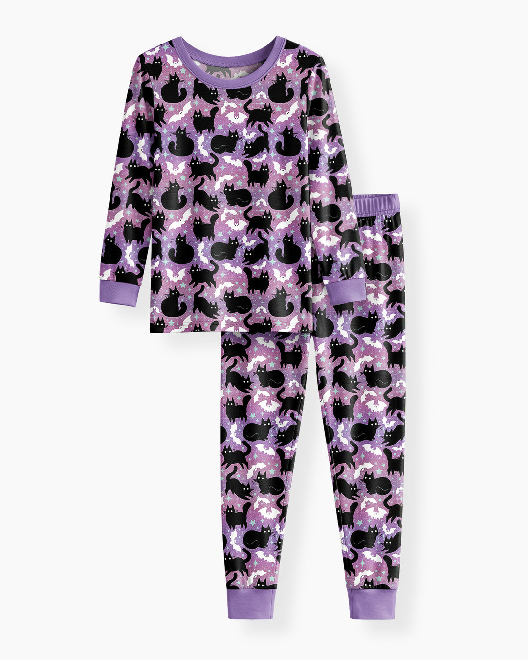 Spooky Black Cat Halloween Purple Bats Bamboo Two Piece Long Sleeve Pajama Set