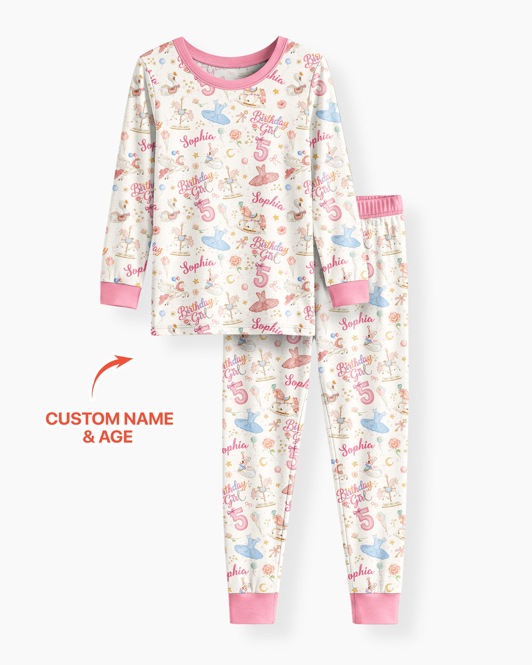 Ballerina Birthday Girl Custom Name & Age Bamboo Two Piece Long Sleeve Pajama Set